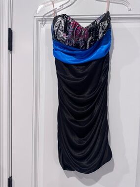 Black Strapless Dress with Blue Accent and Paisley Bust